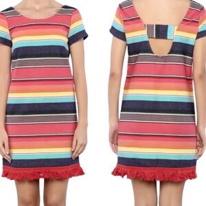NWT UNCLE FRANK (Anthro) Weekend Stripe Cotton Dress With Fringe Trim Red Small
